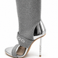 Gray sock boot with silver high heel and metallic accents on a white background