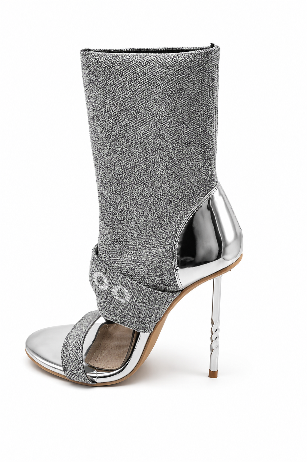 Gray sock boot with silver high heel and metallic accents on a white background